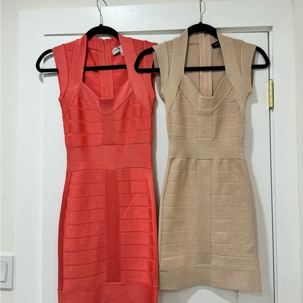French Connection Pink and Tan Mini Bodycon Dress V-Neck Cocktail - Picture 1 of 5